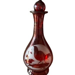 vintage red cruet etched bird 7” tall glass bottle/stopper